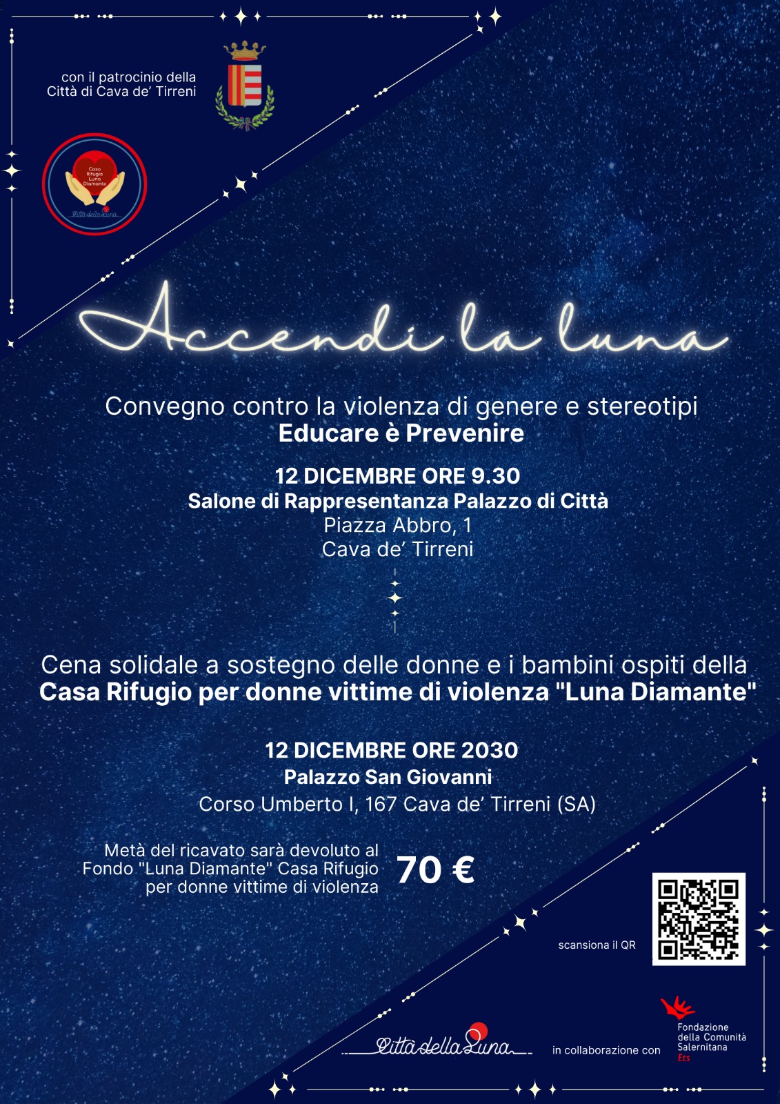 Cava de’ Tirreni:  Campagna raccolta Fondi “Accendi la Luna”, convegno “Educare è Prevenire” e Galà solidale  contro violenza di genere  