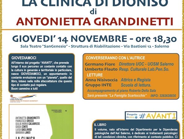 Salerno: presentazione libro “La clinica di Dioniso” di Antonietta Grandinetti