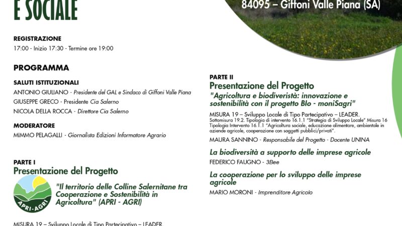 Giffoni Valle Piana: GAL Colline Salernitane e politiche di integrazione sociale “nuove sfide in agricoltura tra sostenibilità ambientale e sociale” 