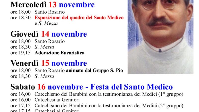 Parrocchia S. Alfonso Cava de’ Tirreni: Triduo e Festa in onore di San Giuseppe Moscati, 13-17 Novembre 2024Parrocchia S. Alfonso, triduo e Festa in onore di San Giuseppe Moscati, 13-17 Novembre 2024