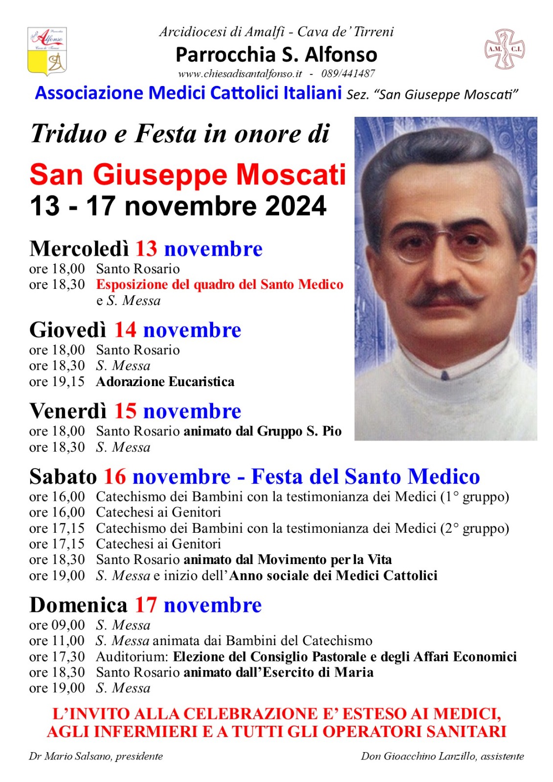 Parrocchia S. Alfonso Cava de’ Tirreni: Triduo e Festa in onore di San Giuseppe Moscati, 13-17 Novembre 2024Parrocchia S. Alfonso, triduo e Festa in onore di San Giuseppe Moscati, 13-17 Novembre 2024