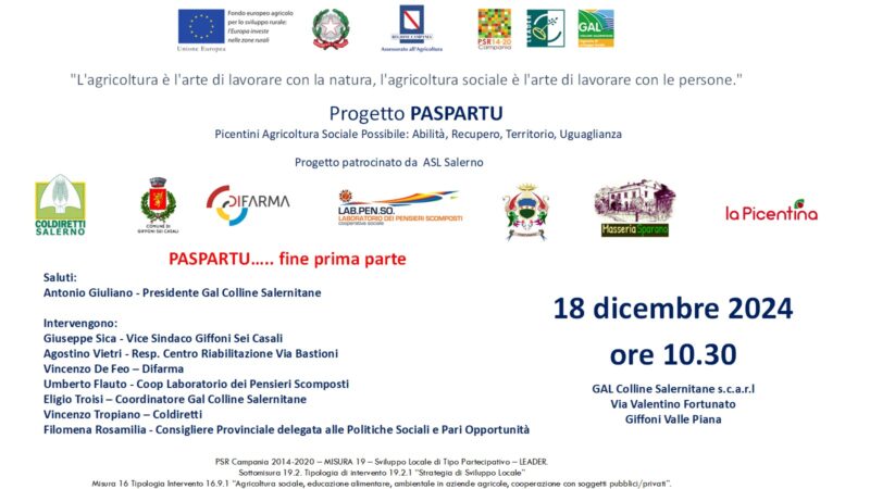 Giffoni Valle Piana: a GAL Colline Salernitane chiusura “PASPARTU”, progetto T.I. 16.9.1. AzB, finanziato da GAL