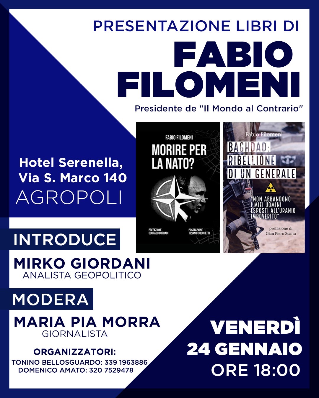 Agropoli: presentazione libri Fabio Filomeni, Presidente de “Il Mondo al Contrario”