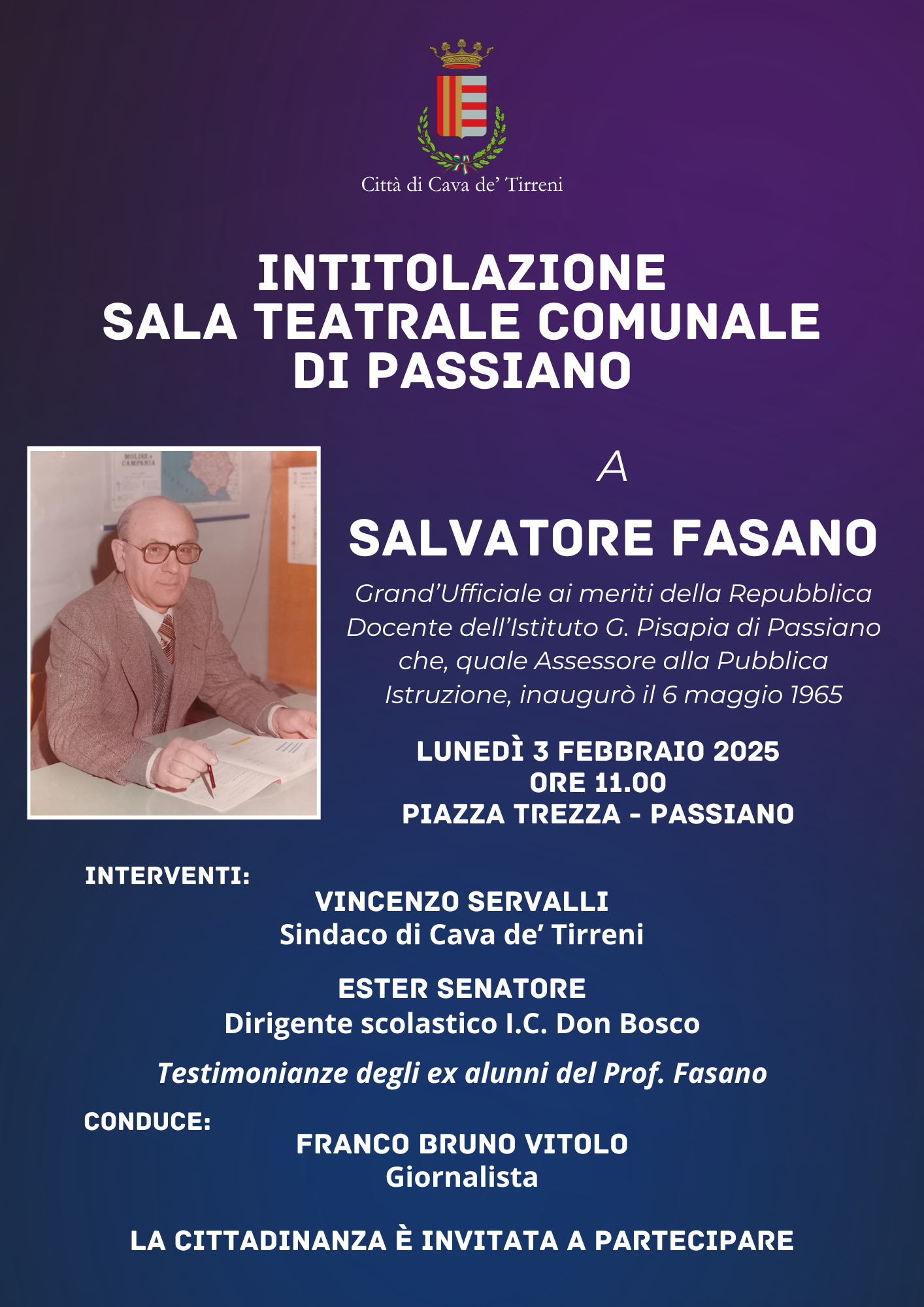 Cava de’ Tirreni: Passiano, intitolazione sala teatrale a Salvatore Fasano