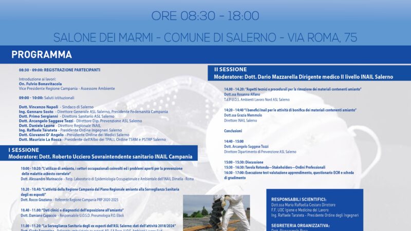 Salerno: amianto, rischi per salute, prevenzione, ruolo Istituzioni, evento formativo