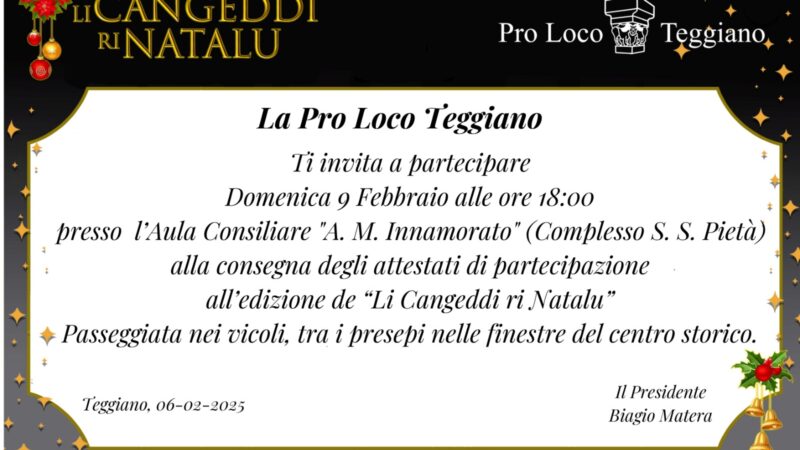 Teggiano: Pro Loco, consegna attestati “Li Cangeddi ri Natalu”