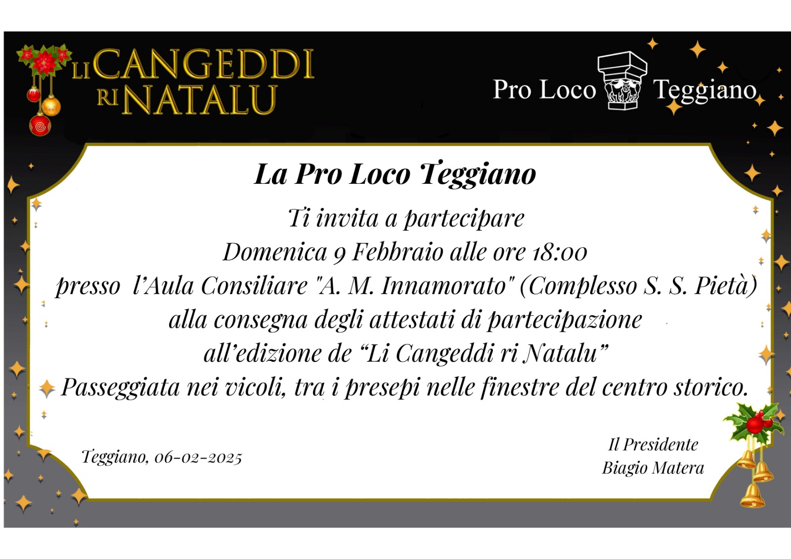 Teggiano: Pro Loco, consegna attestati “Li Cangeddi ri Natalu”