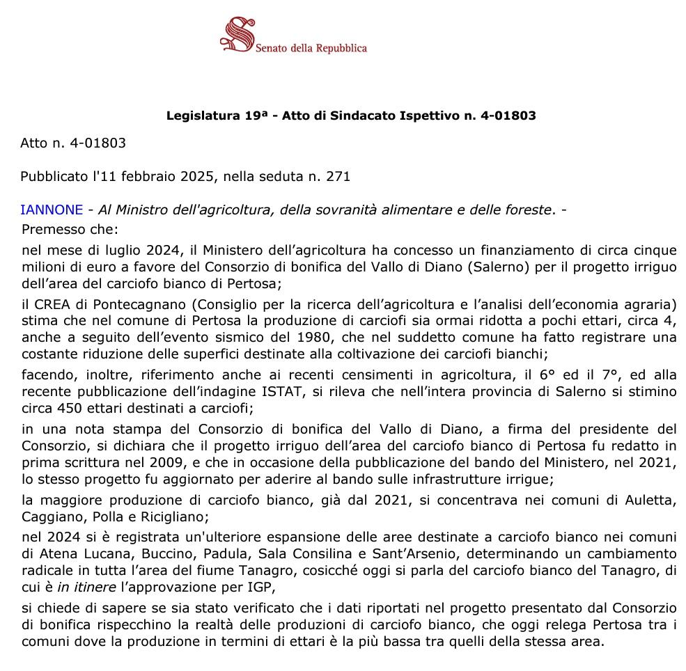 Vallo di Diano: interrogazione a Senato su finanziamento per irrigazione Carciofo Bianco a Pertosa