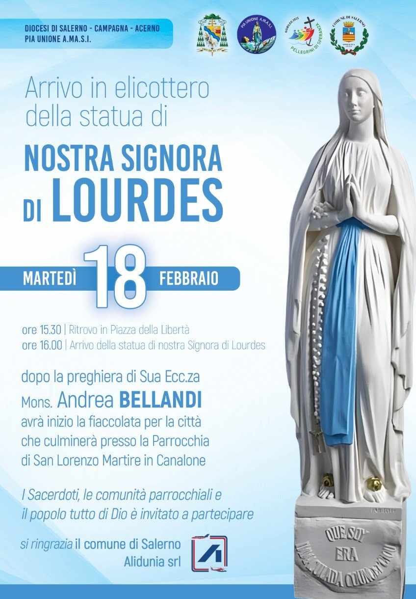 Salerno: eventi giubilari, arrivo Statua di Nostra Signora di Lourdes in elicottero