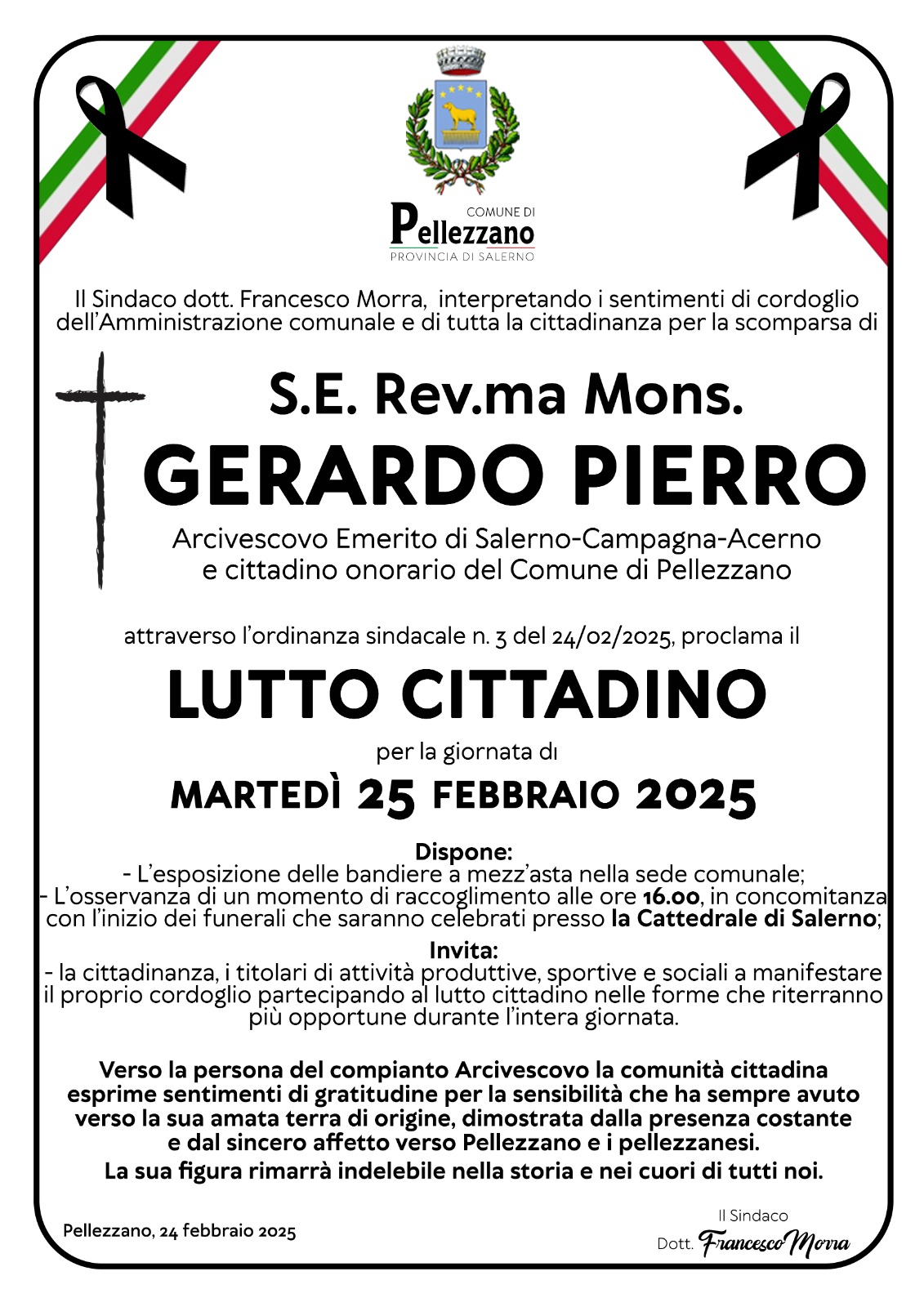 Pellezzano: funerali Mons. Gerardo Pierro, lutto cittadino