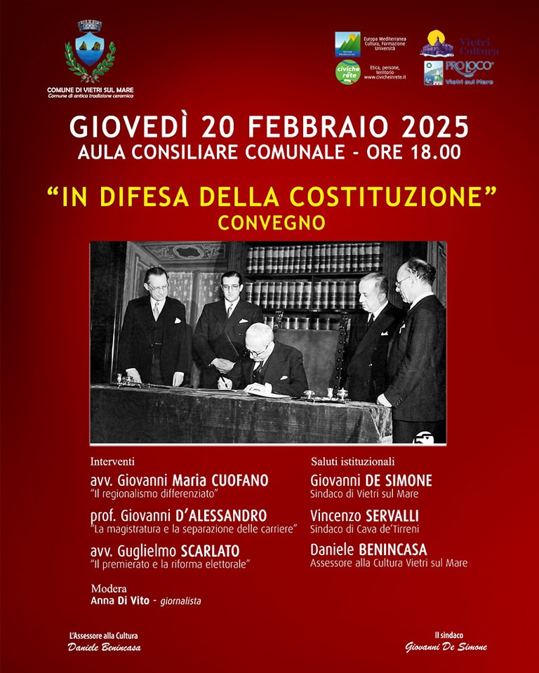 Vietri sul Mare: Carta Costituzionale, premierato e separazione carriere, convegno “A difesa della Costituzione”