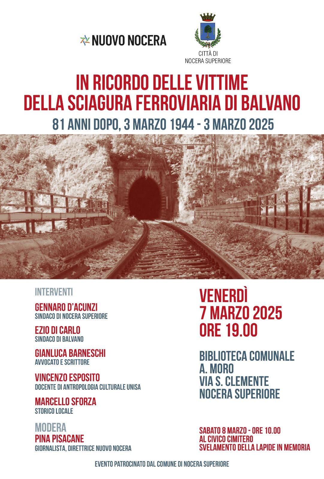 Nocera Superiore: Amministrazione Comunale, 81° anniversario disastro ferroviario di Balvano, ricordo vittime in galleria “Delle Armi” 3 marzo 1944